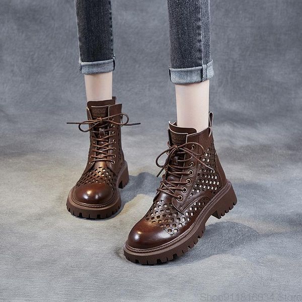 

boots cool women's summer 2021 hollow out leather short with thick soles and heels soft, Black