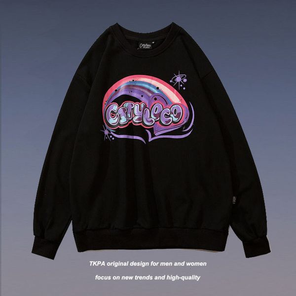 

Tkpa autumn winter new graffiti personalized printing student sports top Korean hip hop street round neck sweater for men and women, Black