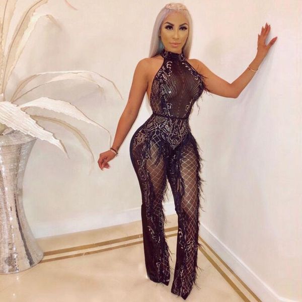 

women's jumpsuits & rompers women off shoulder halter transparent feather sequined romper skinny female bodysuits long trouser party cl, Black;white