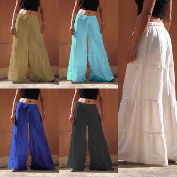 

women's elastic waist pants large casual pants loose solid wide leg, Black;white