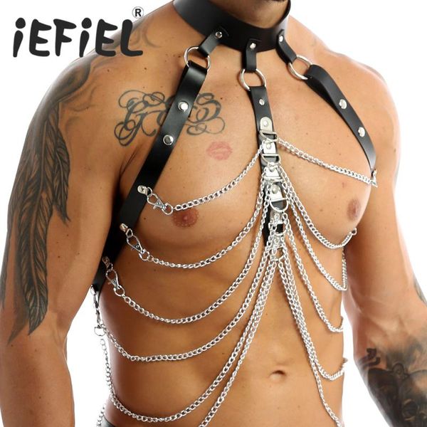 

belts mens fashion clubwear nightclub party body shoulder chest belt buckle pu leather harness gay male punk gothic metal chain tanks, Black;brown