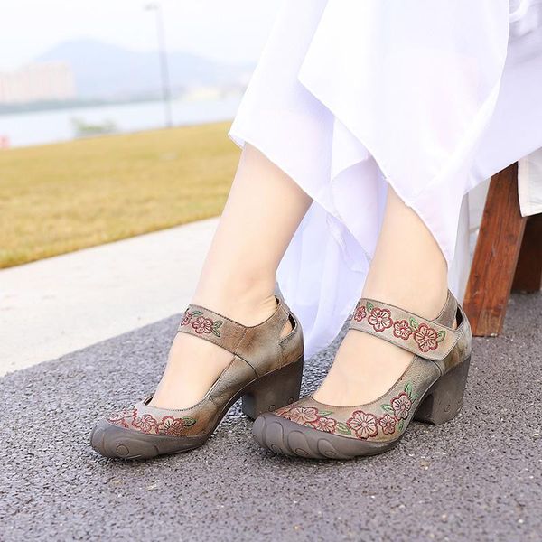 

dress shoes genuine leather women's mary jane chunky-heel embroidery shallow mouth women high-heel fivefingers, Black