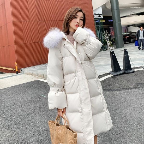 

women's down & parkas korean style women loose duck dow jackets oversized parka mid long warm outerwear coat female real fur hooded jac, Black