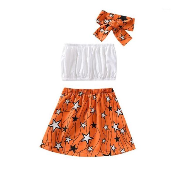 

clothing sets baby girls clothes set solid color outfit sleeveless cropped and star print skirt with bow-knot headband 1-5years, White
