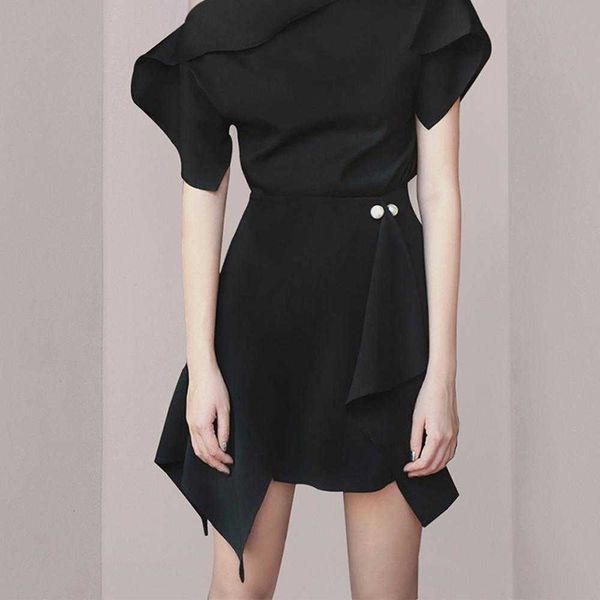 

two piece dress women elegant off shoulder + pearls draped skirt outfits summer office lady short sleeve black ruffles a 6ss9, White