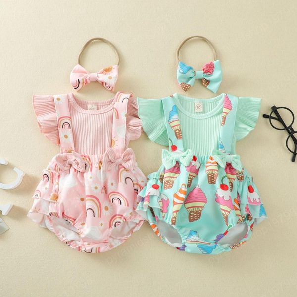 Kinderkleidungssets, Mädchen-Outfits, Säuglingsrüschen, fliegende Ärmel, Pit-Streifen-Tops + Regenbogen-Eiscreme-Druck-Trägershorts + Schleife-Stirnband, 3 Teile/Satz Sommer-Babykleidung