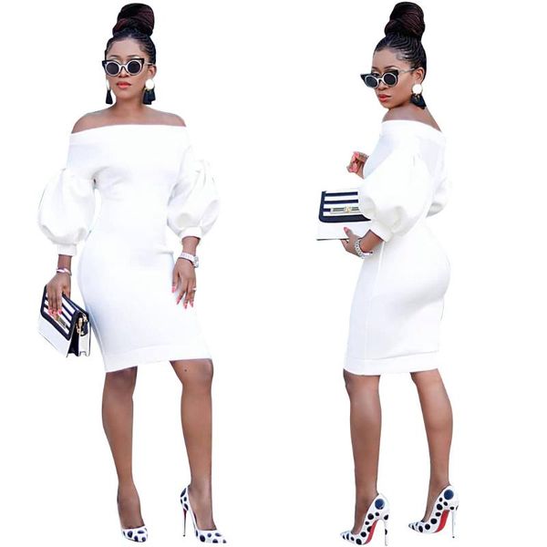 

casual dresses solid slash neck bodycon white mid knee-length full puff sleeve sheath strapless elegant dress for year 2022, Black;gray