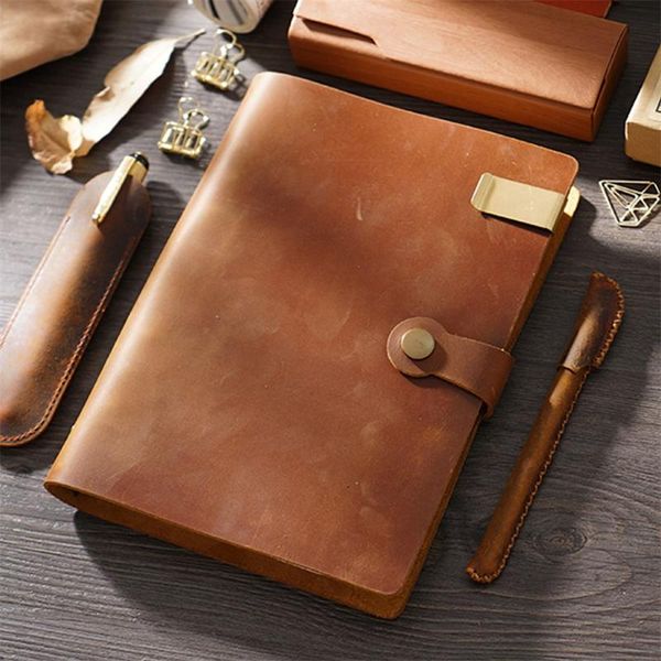 

leather spiral notebook a5 192 pages lock cover office teacher student diary travel diy handmade sketchbook simple style gift notepads, Purple;pink