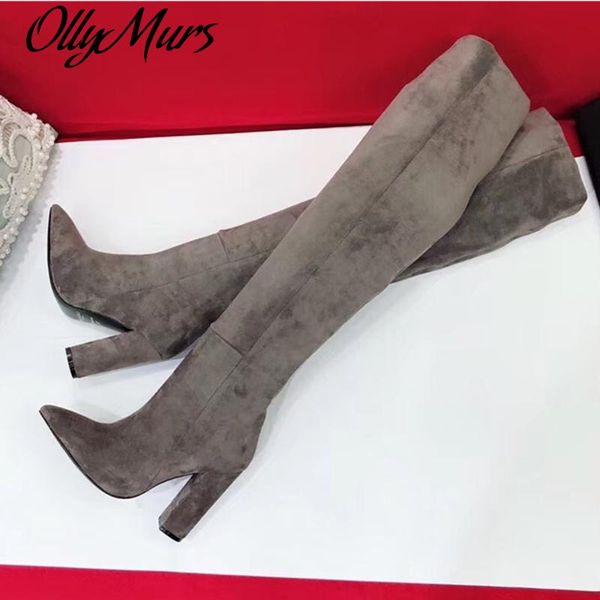 

boots ollymurs suede leather women winter ladies fashion spike heels bottom shoes over the knee thigh high long, Black