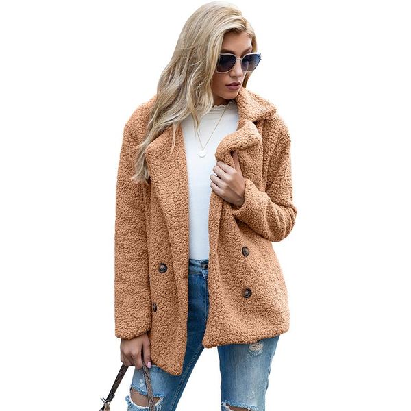 

women's jackets cinessd women autumn winter fleece coat lapel long sleeve button cardign casual solid double breasted lamb wool coats, Black;brown