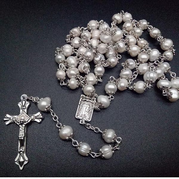 

catholic white natural pearls long chain necklace virgin holy jesus cross pendant rosary beads religious prayer jewelry necklaces, Silver