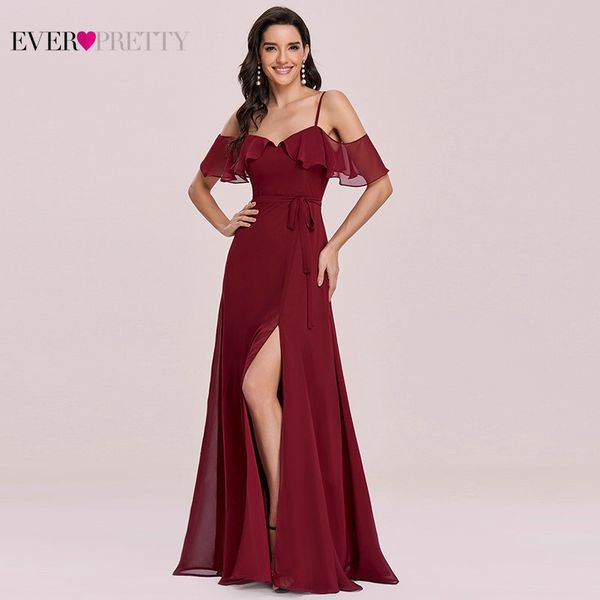 

burgundy bridesmaid dresses long ever pretty elegant a line v neck spaghetti strap ruffle chiffon wedding guest dress robe femme, Black;gray