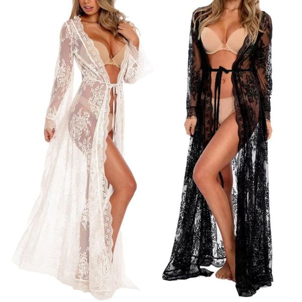 

one-piece suits women summer see-through floral lace maxi beach dress scalloped trim open front kimono cardigan bikini swimsuit cover up