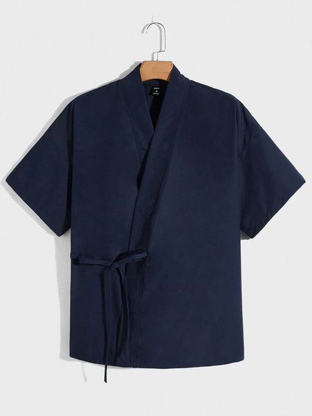 

men solid drop shoulder knot detail lounge r5vm#, Black;brown