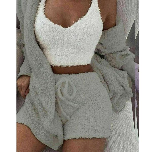 

two piece dress fluffy hooded long sleeves coat open front teddy shorts vest set for women winter hsj88, White