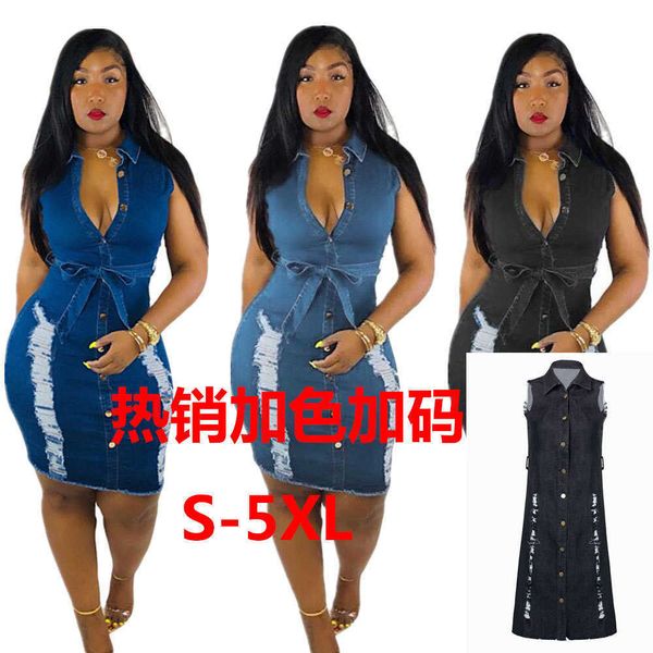 

fashion 3010# sleeveless wear hole denim dress, Black;gray