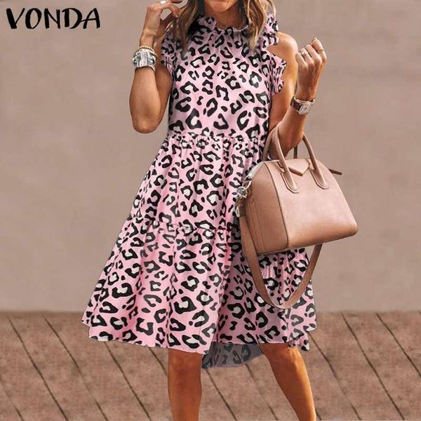 

casual dresses vonda summer dress ruffled cuff leopard print mini sleeveless stand collar sundress plus size vestidos femme, Black;gray