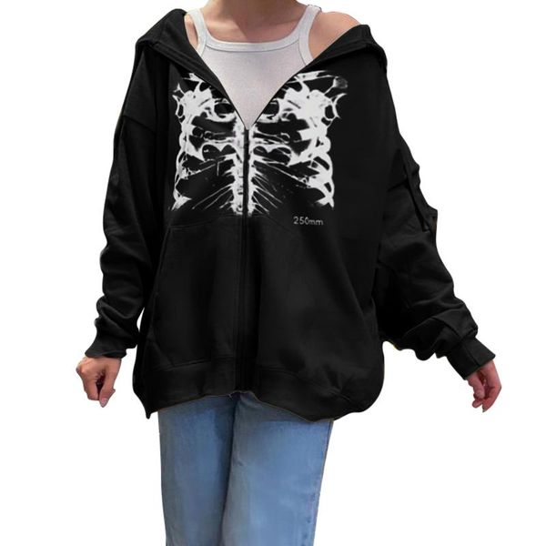 

women's hoodies & sweatshirts women halloween high street hooded sweater, lady skeleton print long sleeve cardigan with drawstring pock, Black