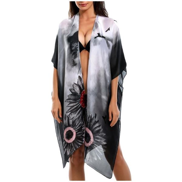 

women kimono summer print cardigan hollow long outwear ladies loose thin fashion beach cover up 2021 saida de praia women's swimwear, White;black