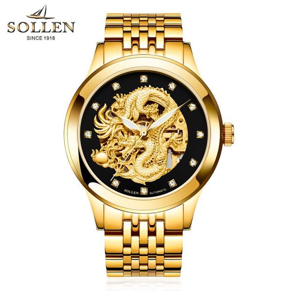 

wristwatches swiss watches men sapphire skeleton automatic self-wind diamond luminous chinese dragon golden relogio masculino, Slivery;brown