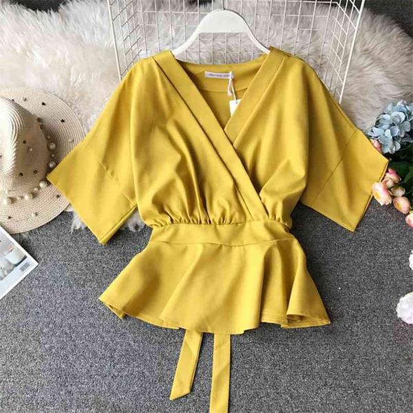 

women's summer short-sleeved shirt cyber celebrity v-neck waist lacing ruffled chiffon blouse ml833 210506, White