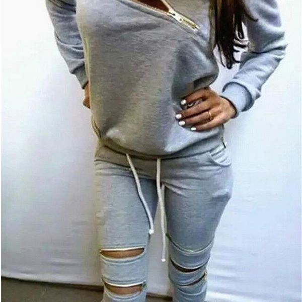 

two pieces clothing set women zipper decoration & pants long sleeve tracksuit casual sportswear female workout suit gym, White;black