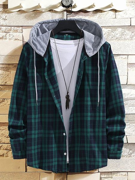 

men plaid drawstring hooded shirt without tee u5ck#, White;black