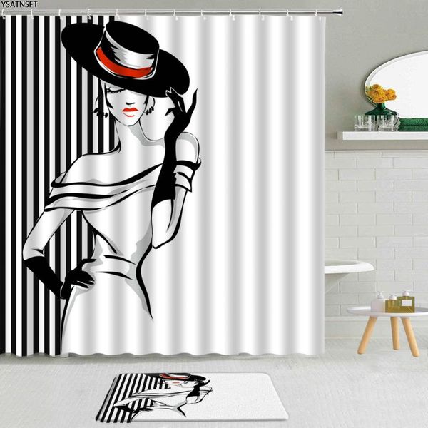 

shower curtains 2pcs fashion girl curtain black white stripes red lips fabric non-slip bath mat bathroom set hanging decor