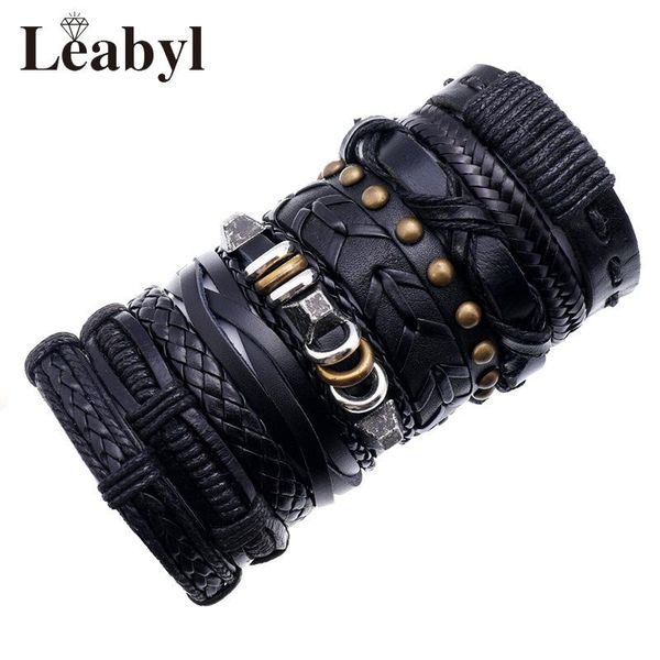 

tennis 10 pcs/set leabyl classic simple multilayer leather strap punk bracelet for men vintage braided set casual jewelry, Golden;silver