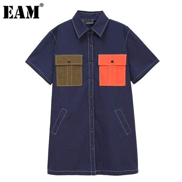 

[eam] women blue denim big size spliced blouse lapel short sleeve loose fit shirt fashion spring summer 1dd7368 210512, White