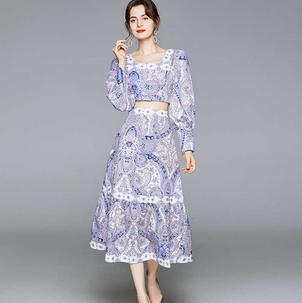 

spring fashion casual women 2 piece set lantern sleeve printed shirt + skirts two-piece sets 210531, White
