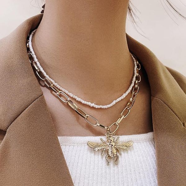 

chains necklace temperament multi-layer rice bead gold chunky chain female big bee pendant for women jewelry, Silver