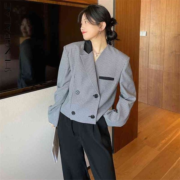 

plaid blazer women's spring autumn notched loose double breasted long sleeve short suit coat female 5c905 210427, White;black