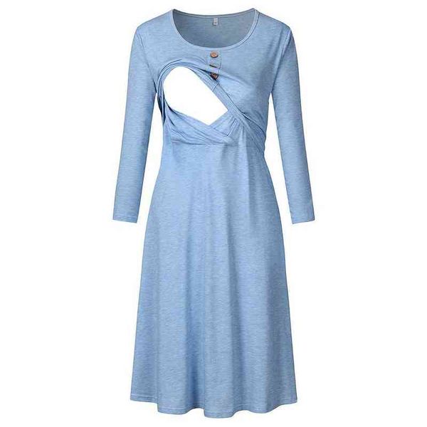 Mulheres Maternidade Simplicidade Vestido de manga longa Pescoço redondo Botão estampado sólido Vestido de enfermagem Mamal Feeding Pijamas Hot Nightwear G220309