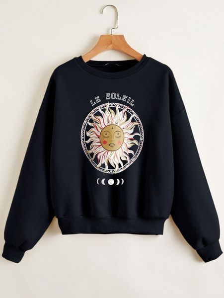 

plus drop shoulder letter & sun graphic thermal pullover i4wm#, Black