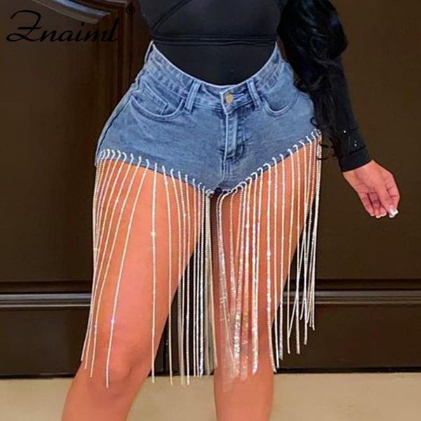 

znaiml 2021 summer rhinestone heavy tassels diamond beads thin high waist blue denim shorts women casual streetwear jeans femme women's