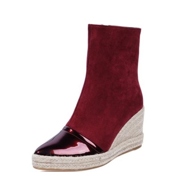 

boots fanyuan autumn winter pointed toe wedge heel zipper all match women shoes flock pu leather platform ankle big size32-44, Black