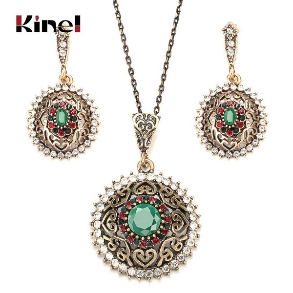

earrings & necklace kinel boho crystal flower green stone pendant earring for women ancient gold color ethnic vintage jewelry sets, Silver