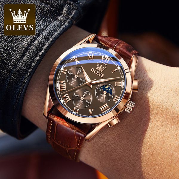 

olevs elite mens quartz watches business dress waterproof wristwatch men luxury breathable leather sports watch men giftsg, Slivery;brown