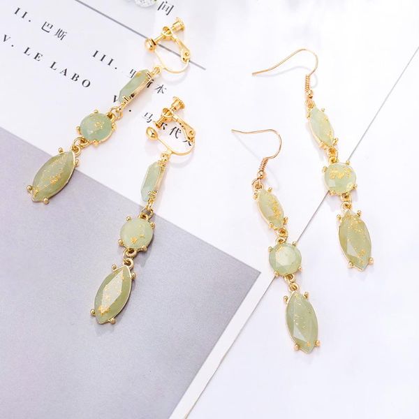 

clip-on & screw back wukaka light green stone earrings without ear piercing three layer clip for female woman, Silver