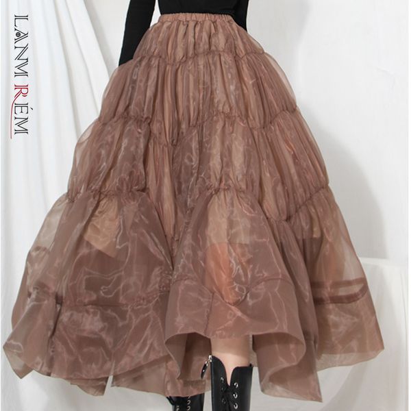 

spring autumn large size skirt women all-match chiffon high waist brown ruffled midi skirts streetwear 2d1326 210507, Black