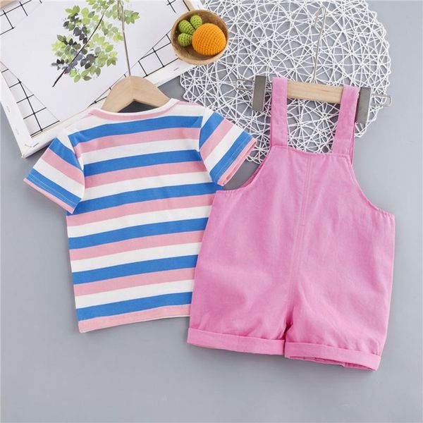 

toddler girls 2pcs clothes set, short sleeve o-neck striped t-shirt + suspender shorts set with vacation fashion wear jumpsuits, Blue