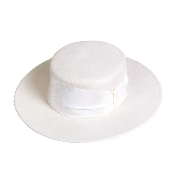 

white hat female high-end wool felt british flat edge wide brim hats, Blue;gray