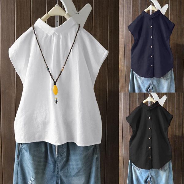 

women's t-shirt short women summer short-sleeved stand-up collar button printing sleeveless vest, White