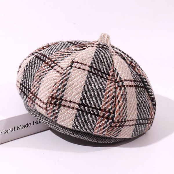 

plaid beret female japanese wool warm octagonal hat british retro wild foreign painter berets, Blue;gray