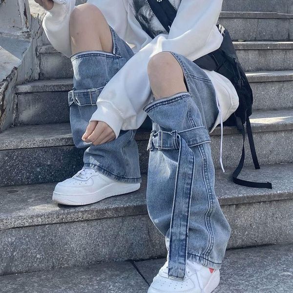 

women's jeans zipper ripped straight autumn large size loose wide leg pants, Blue