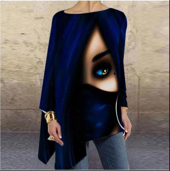 

vintage abstract face printed irregular women blouses o neck long sleeve autumn blouse casual loose oversize pullover harajuku top, White