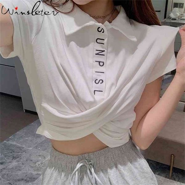 

cotton women letter tshirt spring fashion short sleeve turn down collar t shirt preppy femininas t04105b 210421, Black;gray