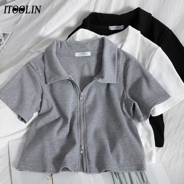 

women's t-shirt itoolin spring summer women 2021 ly double zipper up crop female elegant streetwear slim solid short sleeve tees, White