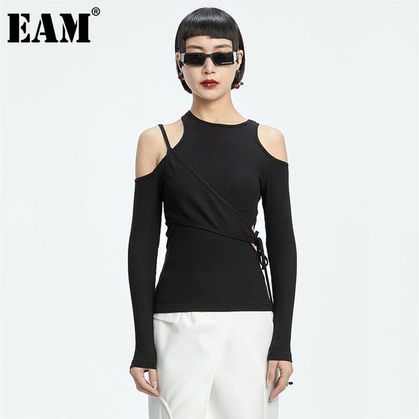 

[eam] women black slim off shoulder hollow out sashes t-shirt round neck long sleeve fashion spring summer 1dd7297 21512, White